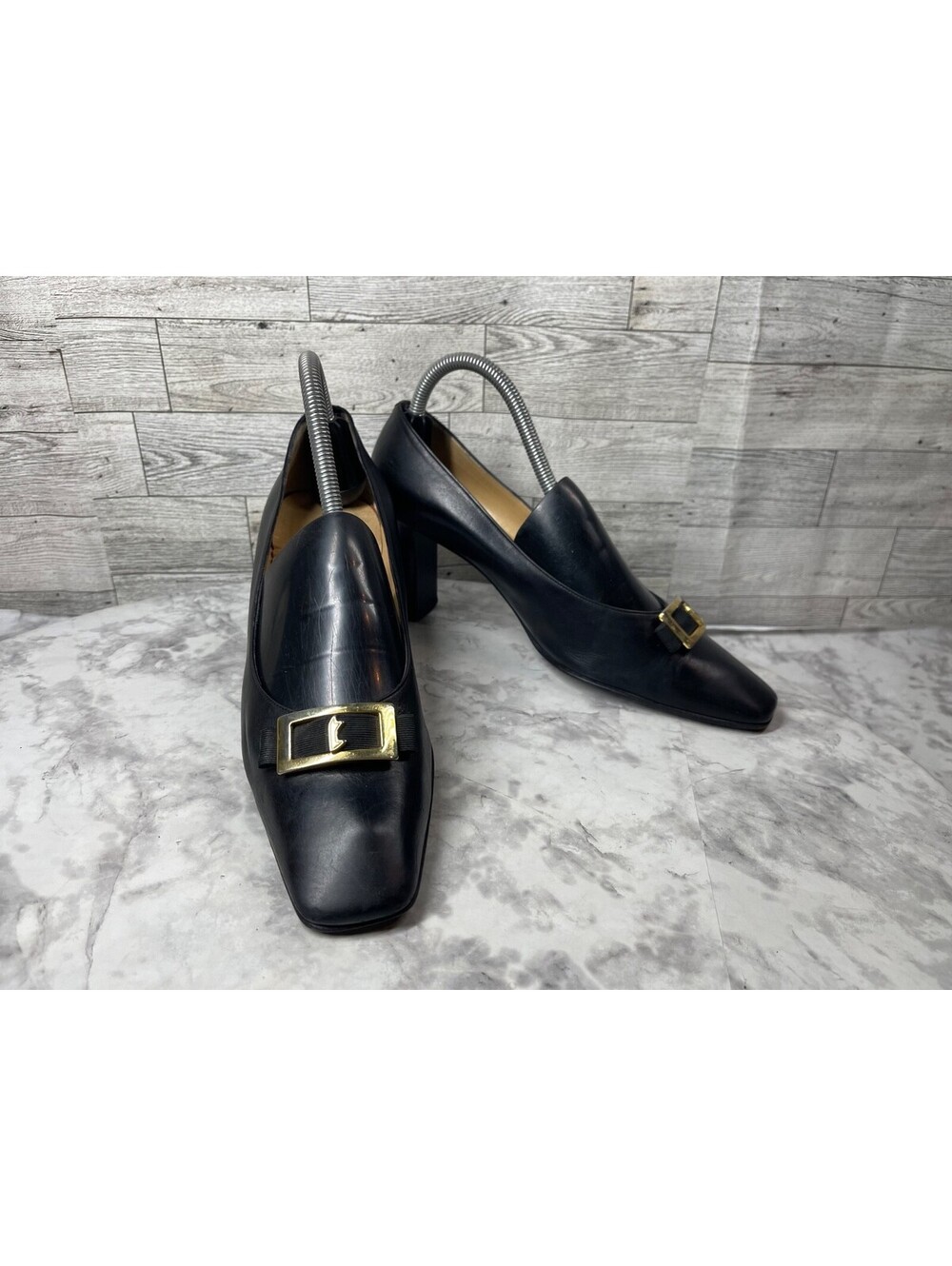 A. Testoni Heels Women 8.5M Shoes Black Leather Block Heel Square Toe Pumps